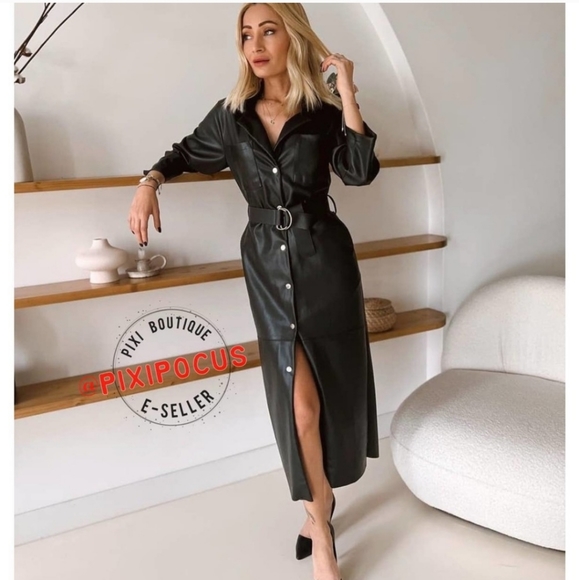 Zara * Faux Leather Midi Dress Black Belted Size XS S - Picture 5 of 10